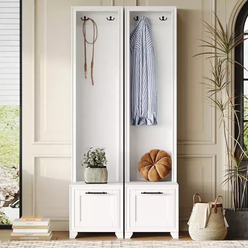 31''W 3-in-1 Hall Tree Coat Rack Mudroom Bench Entryway Shoe Cabinet with Hooks, Seating Bench and Storage Drawers, Set of 2, Black/White-ModernLuxe