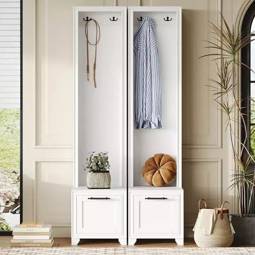 31''W 3-in-1 Hall Tree Coat Rack Mudroom Bench Entryway Shoe Cabinet with Hooks, Seating Bench and Storage Drawers, Set of 2, Black/White-ModernLuxe