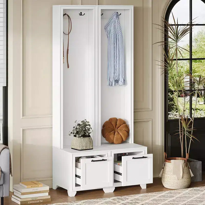 31''L Arbre d'entrée 3-en-1 Porte-manteau Banc de Vestibule Meuble à Chaussures d'entrée avec Crochets, Banc Assise et Tiroirs de Rangement, Lot de 2, Noir/Blanc-ModernLuxe
