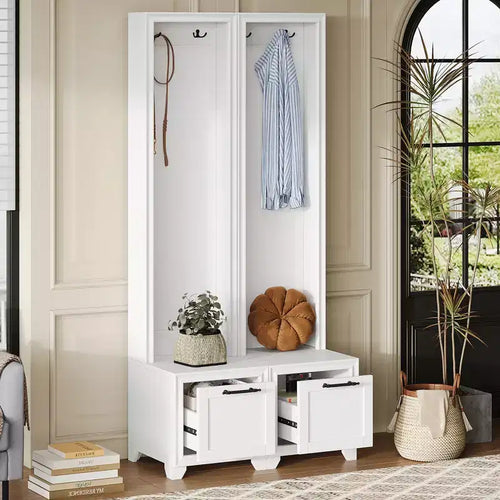 31''L Arbre d'entrée 3-en-1 Porte-manteau Banc de Vestibule Meuble à Chaussures d'entrée avec Crochets, Banc Assise et Tiroirs de Rangement, Lot de 2, Noir/Blanc-ModernLuxe
