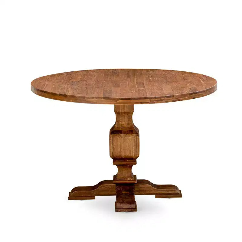 Table de salle à manger ronde HomeStock sur pied, finition noyer antique