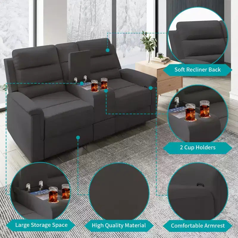 Canapé inclinable Mjkone à deux places avec espace de rangement et porte-gobelets Canapé inclinable en tissu technique avec dossier et repose-pieds réglables