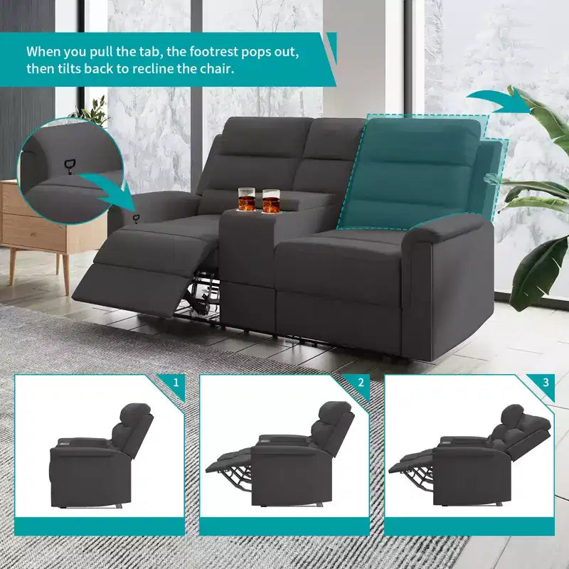 Canapé inclinable Mjkone à deux places avec espace de rangement et porte-gobelets Canapé inclinable en tissu technique avec dossier et repose-pieds réglables
