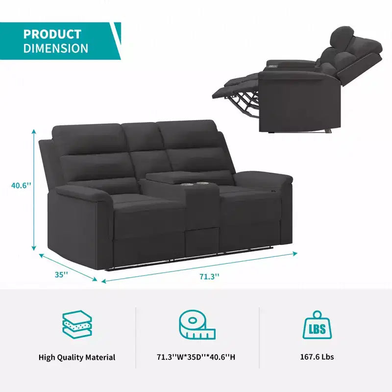 Canapé inclinable Mjkone à deux places avec espace de rangement et porte-gobelets Canapé inclinable en tissu technique avec dossier et repose-pieds réglables