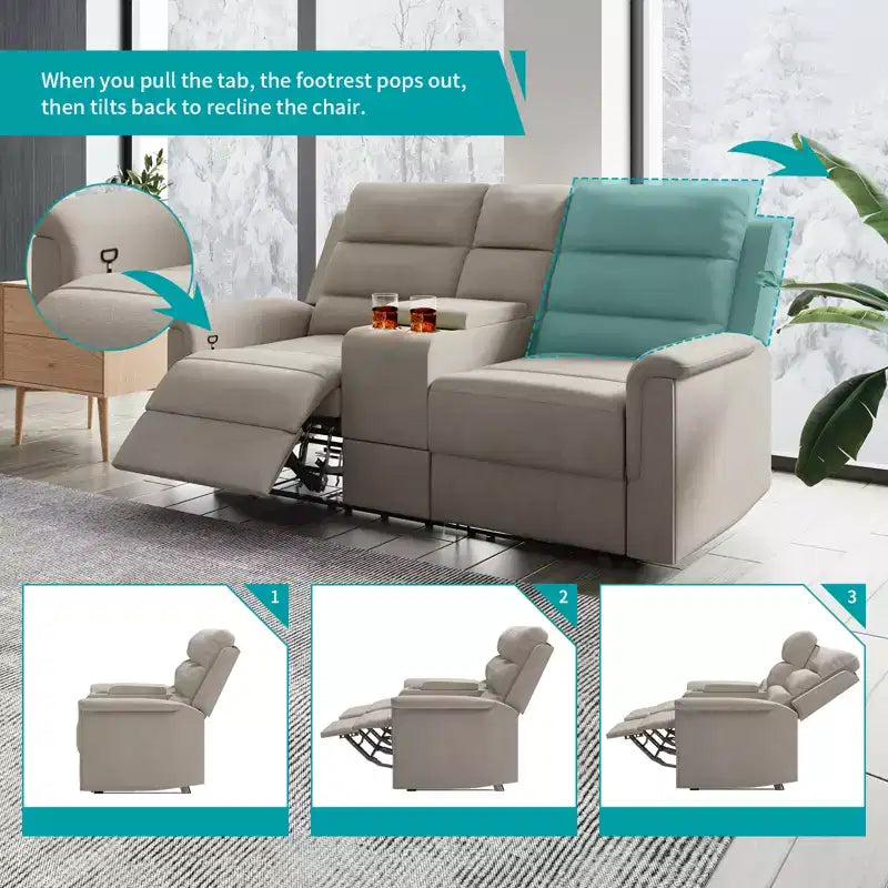 Canapé inclinable Mjkone à deux places avec espace de rangement et porte-gobelets Canapé inclinable en tissu technique avec dossier et repose-pieds réglables
