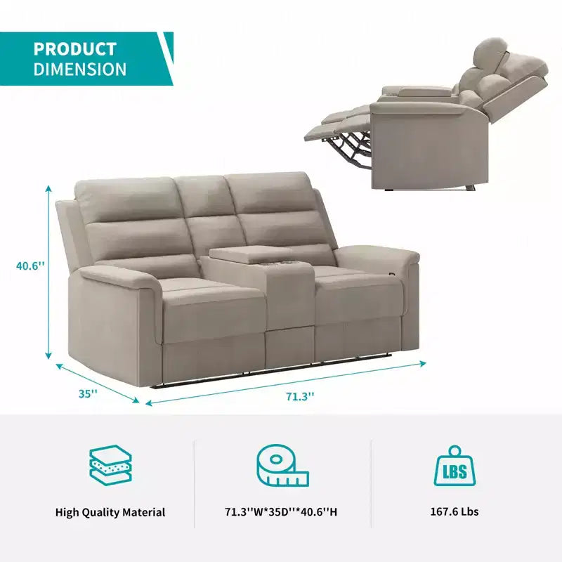 Canapé inclinable Mjkone à deux places avec espace de rangement et porte-gobelets Canapé inclinable en tissu technique avec dossier et repose-pieds réglables