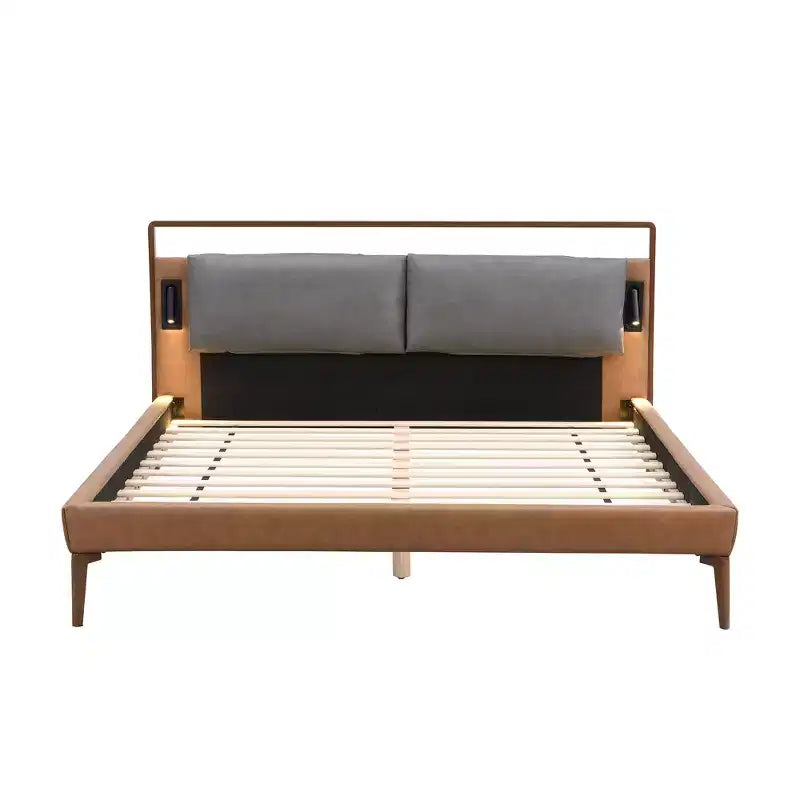 Christopher Knight Home Carina Contemporary Faux Leather Platform Bed with 2 Night Lights, Brown/Gray