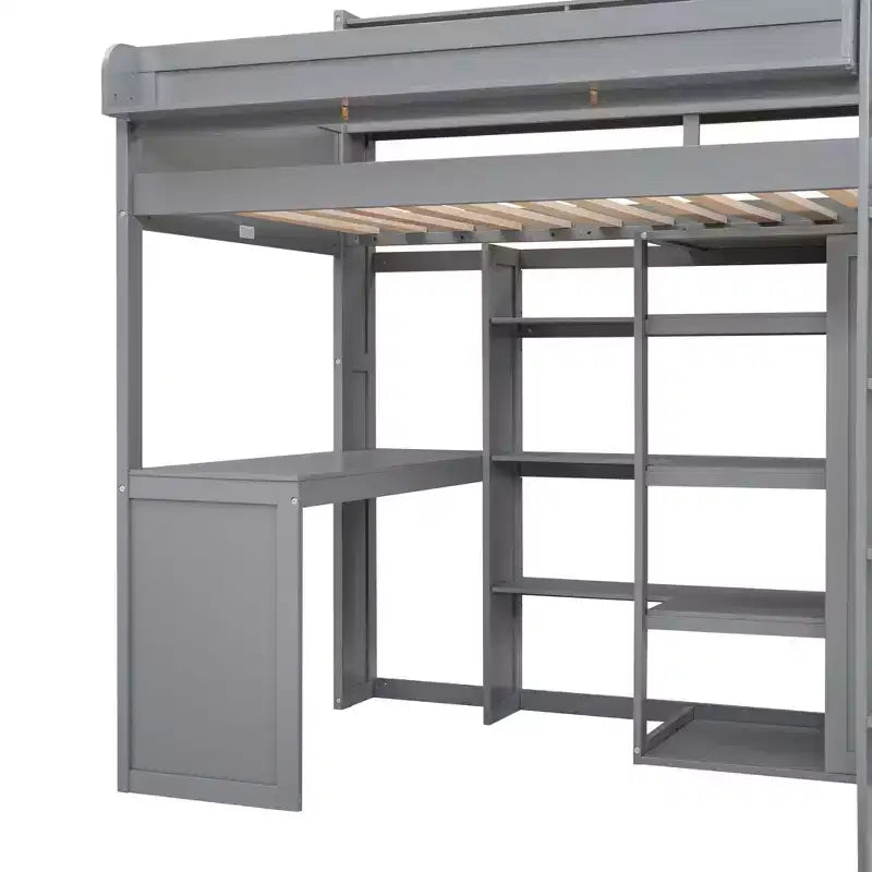 Lit mezzanine en bois Whisen 77.16''L x 48.5''W, taille double, avec plusieurs étagères de rangement et une armoire, grand espace de rangement