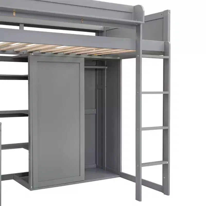 Lit mezzanine en bois Whisen 77.16''L x 48.5''W, taille double, avec plusieurs étagères de rangement et une armoire, grand espace de rangement