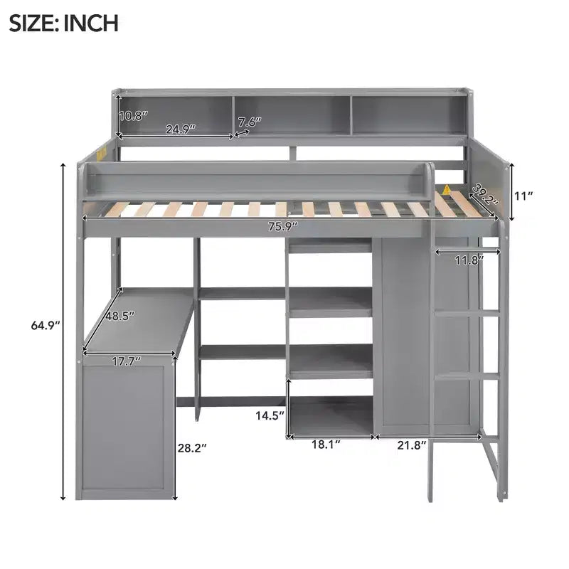 Lit mezzanine en bois Whisen 77.16''L x 48.5''W, taille double, avec plusieurs étagères de rangement et une armoire, grand espace de rangement