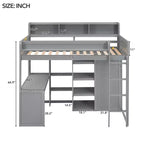Lit mezzanine en bois Whisen 77.16''L x 48.5''W, taille double, avec plusieurs étagères de rangement et une armoire, grand espace de rangement