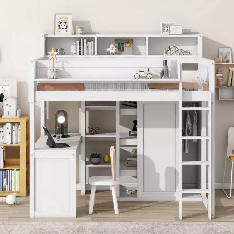 Lit mezzanine en bois Whisen 77.16''L x 48.5''W, taille double, avec plusieurs étagères de rangement et une armoire, grand espace de rangement