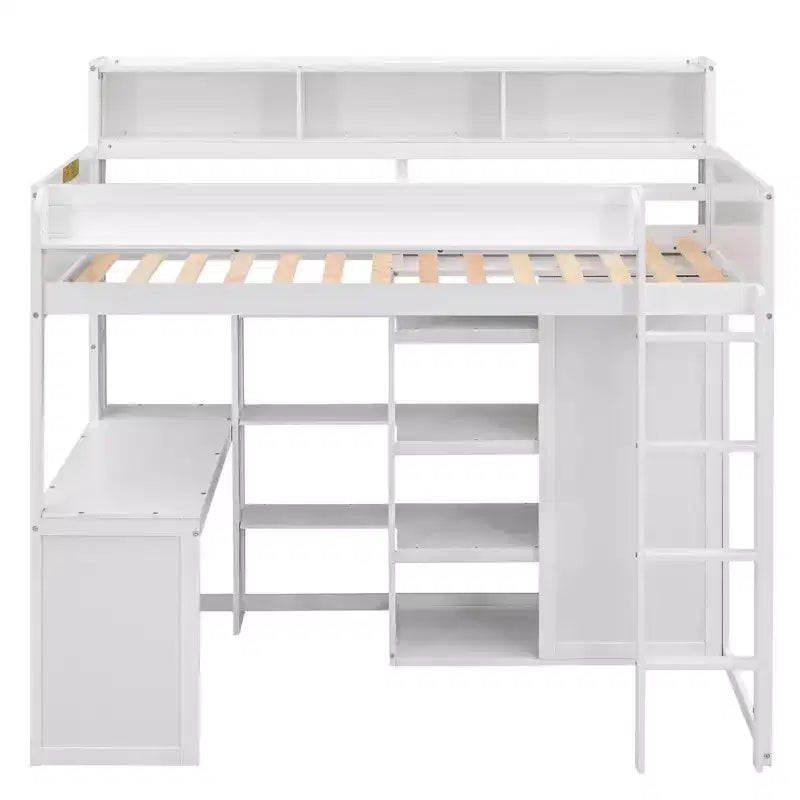 Lit mezzanine en bois Whisen 77.16''L x 48.5''W, taille double, avec plusieurs étagères de rangement et une armoire, grand espace de rangement