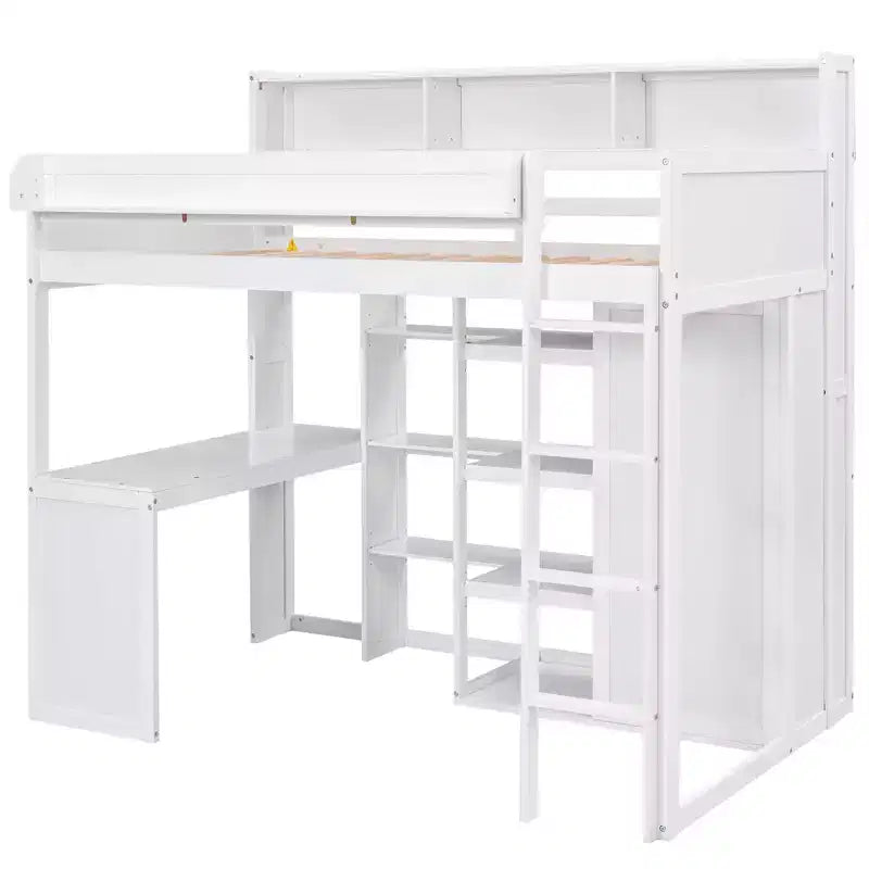 Lit mezzanine en bois Whisen 77.16''L x 48.5''W, taille double, avec plusieurs étagères de rangement et une armoire, grand espace de rangement