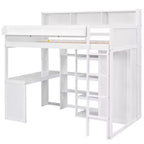 Lit mezzanine en bois Whisen 77.16''L x 48.5''W, taille double, avec plusieurs étagères de rangement et une armoire, grand espace de rangement