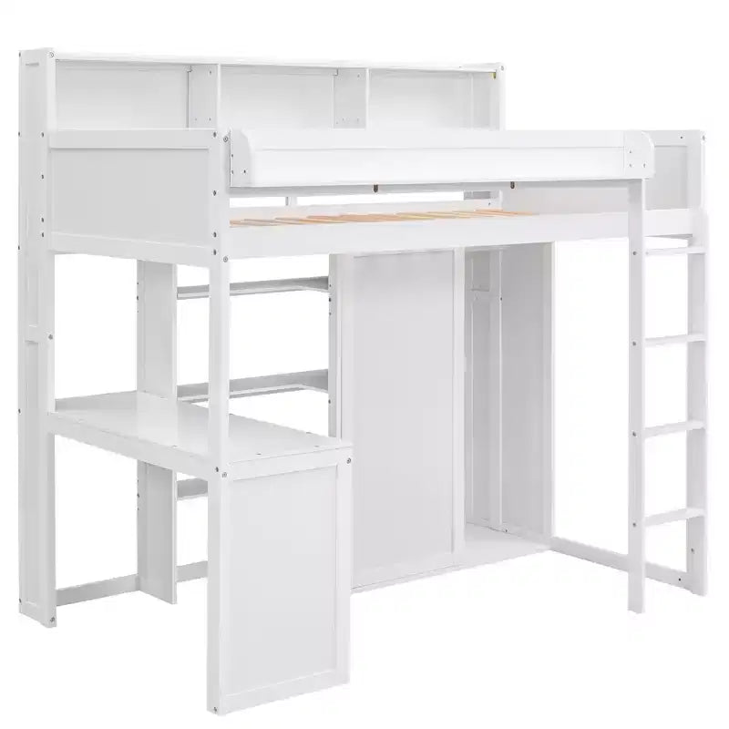 Lit mezzanine en bois Whisen 77.16''L x 48.5''W, taille double, avec plusieurs étagères de rangement et une armoire, grand espace de rangement