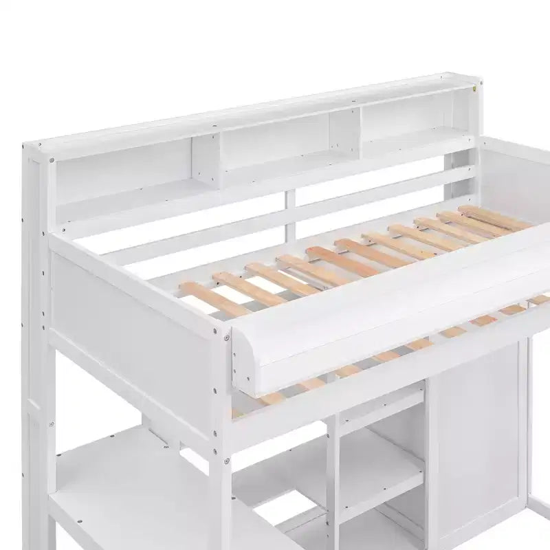 Lit mezzanine en bois Whisen 77.16''L x 48.5''W, taille double, avec plusieurs étagères de rangement et une armoire, grand espace de rangement