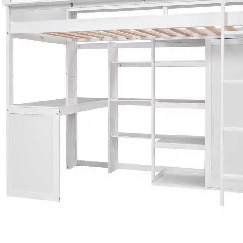 Lit mezzanine en bois Whisen 77.16''L x 48.5''W, taille double, avec plusieurs étagères de rangement et une armoire, grand espace de rangement