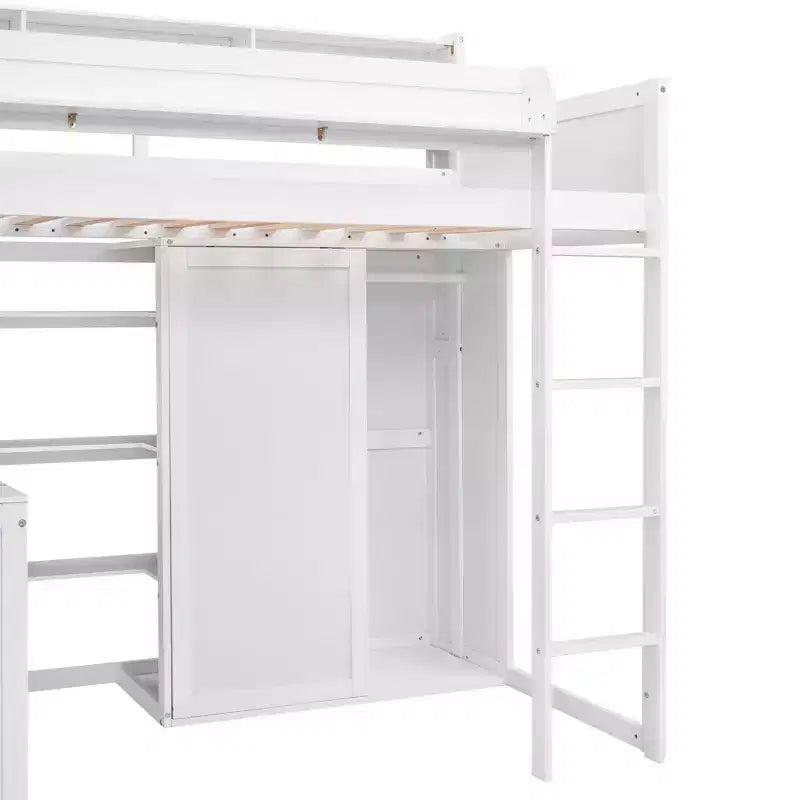 Lit mezzanine en bois Whisen 77.16''L x 48.5''W, taille double, avec plusieurs étagères de rangement et une armoire, grand espace de rangement