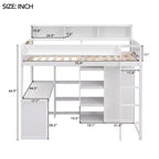 Lit mezzanine en bois Whisen 77.16''L x 48.5''W, taille double, avec plusieurs étagères de rangement et une armoire, grand espace de rangement