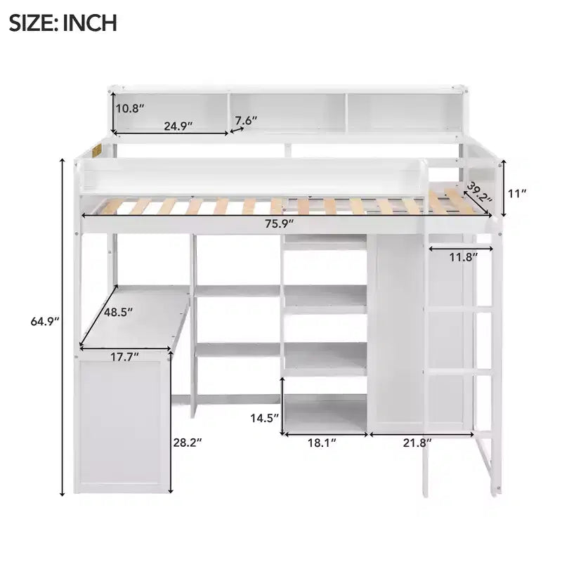Lit mezzanine en bois Whisen 77.16''L x 48.5''W, taille double, avec plusieurs étagères de rangement et une armoire, grand espace de rangement