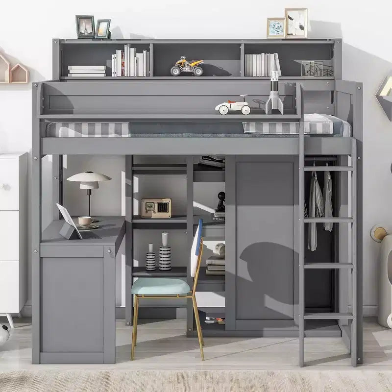 Lit mezzanine en bois Whisen 77.16''L x 48.5''W, taille double, avec plusieurs étagères de rangement et une armoire, grand espace de rangement