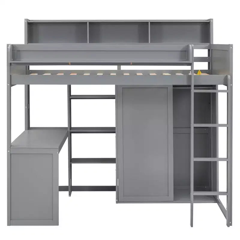 Lit mezzanine en bois Whisen 77.16''L x 48.5''W, taille double, avec plusieurs étagères de rangement et une armoire, grand espace de rangement