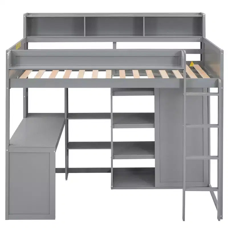 Lit mezzanine en bois Whisen 77.16''L x 48.5''W, taille double, avec plusieurs étagères de rangement et une armoire, grand espace de rangement