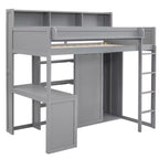 Lit mezzanine en bois Whisen 77.16''L x 48.5''W, taille double, avec plusieurs étagères de rangement et une armoire, grand espace de rangement