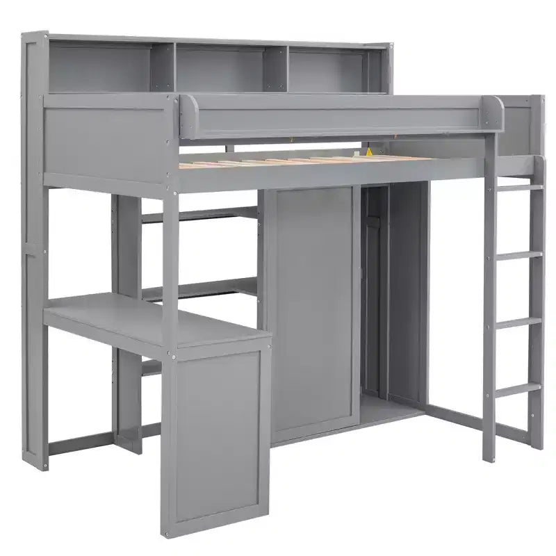 Lit mezzanine en bois Whisen 77.16''L x 48.5''W, taille double, avec plusieurs étagères de rangement et une armoire, grand espace de rangement