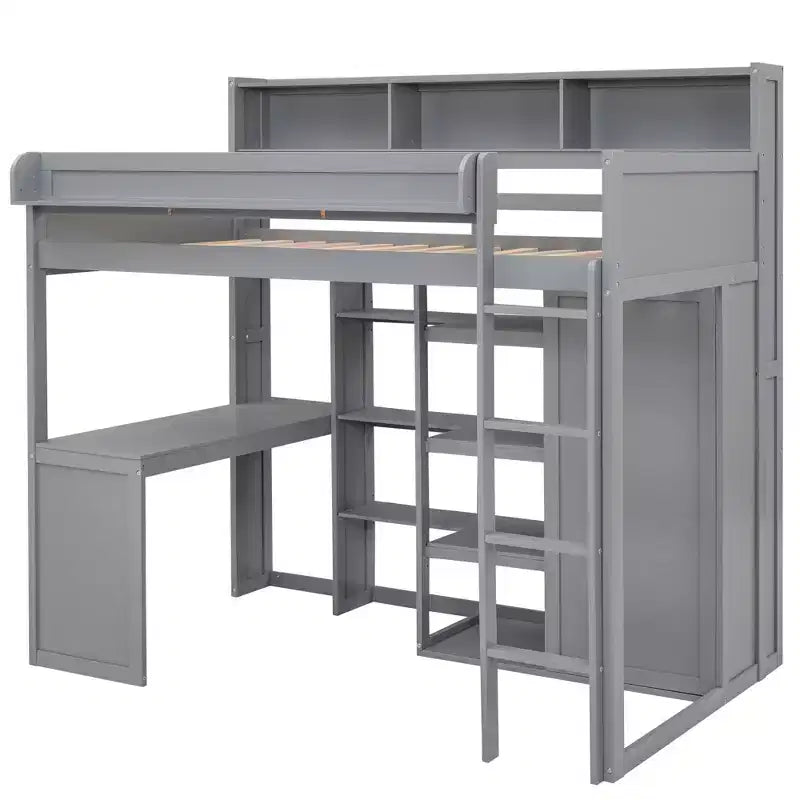 Lit mezzanine en bois Whisen 77.16''L x 48.5''W, taille double, avec plusieurs étagères de rangement et une armoire, grand espace de rangement