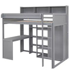 Lit mezzanine en bois Whisen 77.16''L x 48.5''W, taille double, avec plusieurs étagères de rangement et une armoire, grand espace de rangement