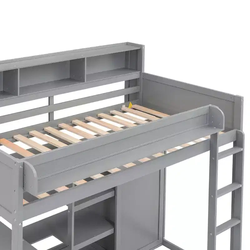 Lit mezzanine en bois Whisen 77.16''L x 48.5''W, taille double, avec plusieurs étagères de rangement et une armoire, grand espace de rangement