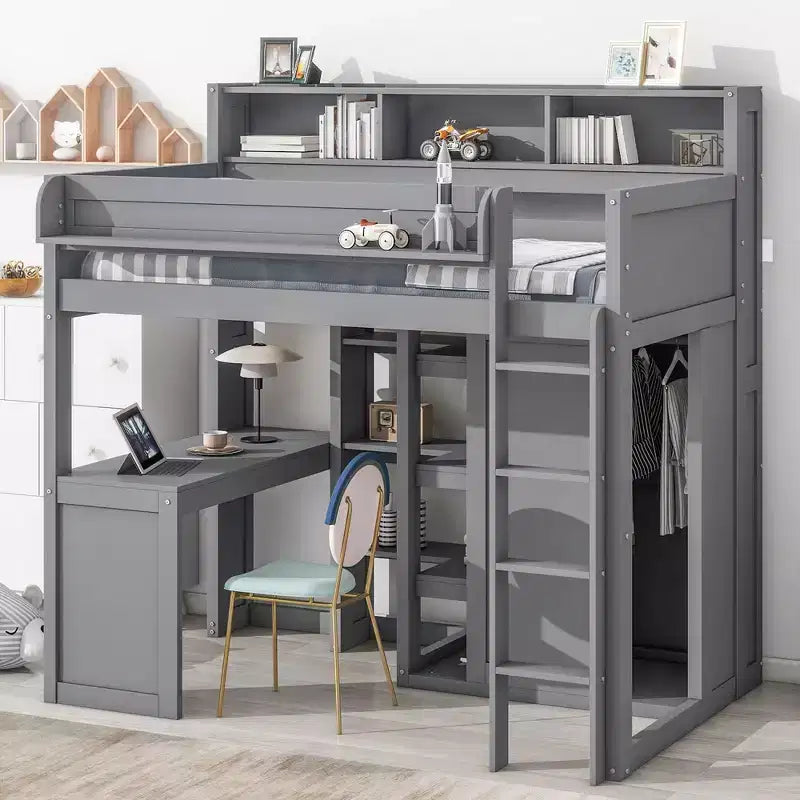 Whisen 77.16''L x 48.5''W Wood Twin Size Loft bed with Multiple Storage Shelves and Wardrobe, Ample Storage Space