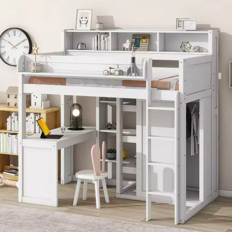 Lit mezzanine en bois Whisen 77.16''L x 48.5''W, taille double, avec plusieurs étagères de rangement et une armoire, grand espace de rangement