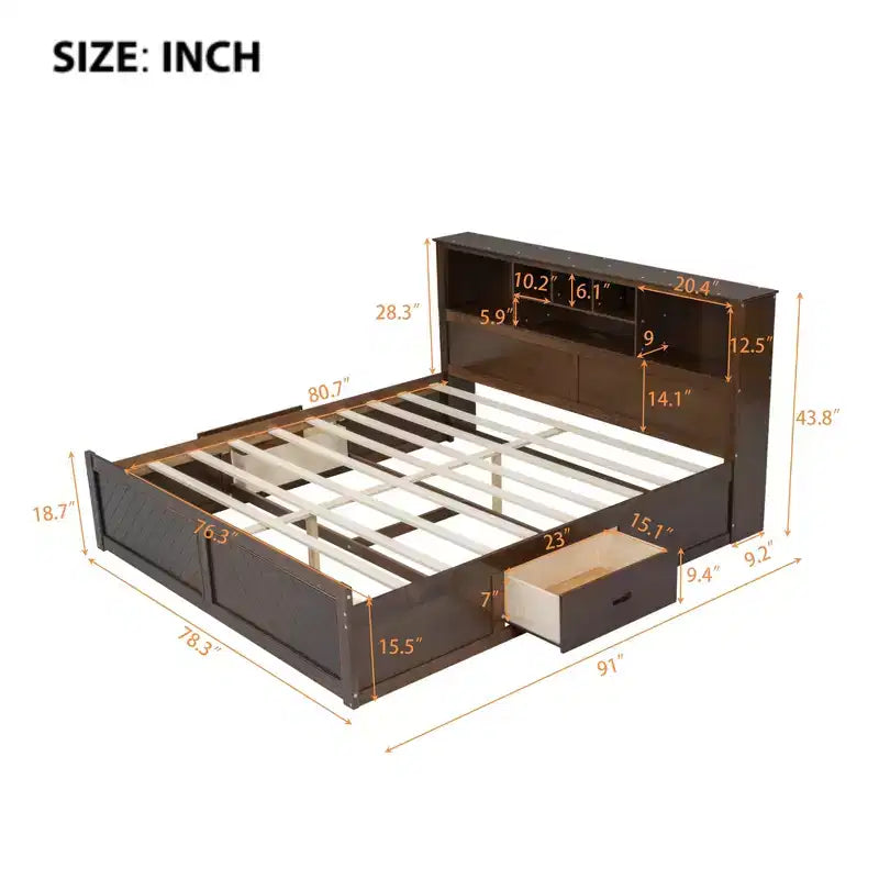 Lit plateforme en bois King Size Whisen avec tête de lit multi-rangements, port USB et tiroirs