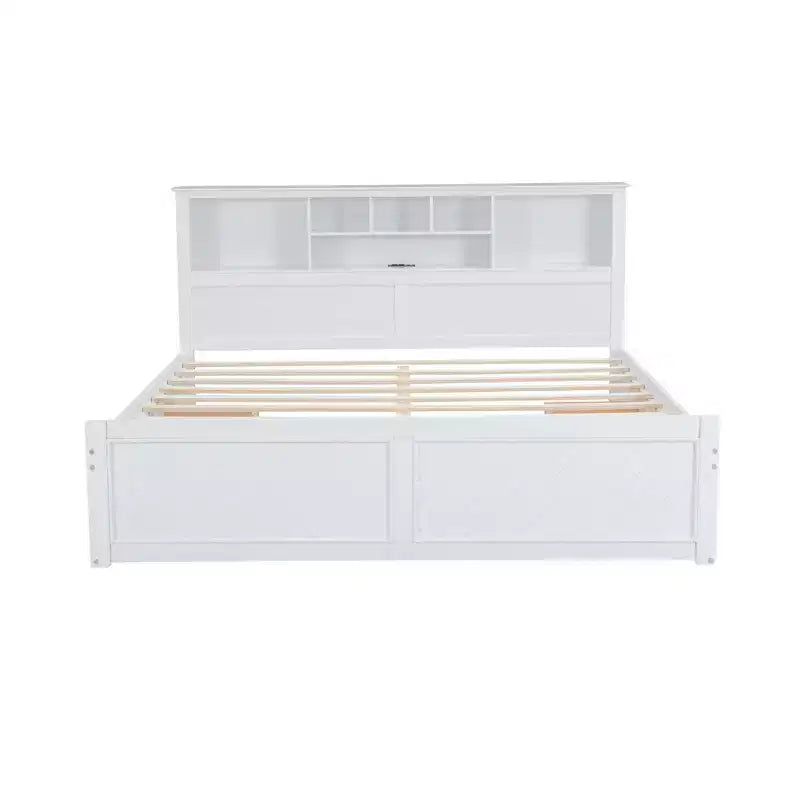 Lit plateforme en bois King Size Whisen avec tête de lit multi-rangements, port USB et tiroirs