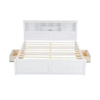 Lit plateforme en bois King Size Whisen avec tête de lit multi-rangements, port USB et tiroirs