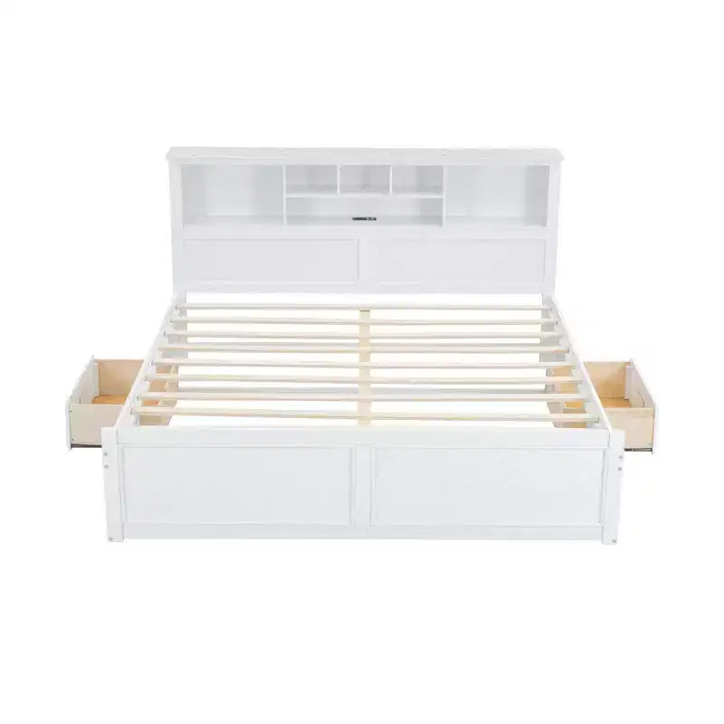 Lit plateforme en bois King Size Whisen avec tête de lit multi-rangements, port USB et tiroirs