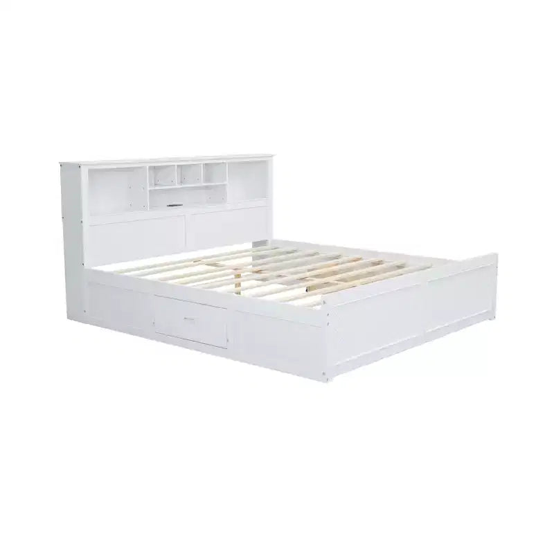 Lit plateforme en bois King Size Whisen avec tête de lit multi-rangements, port USB et tiroirs