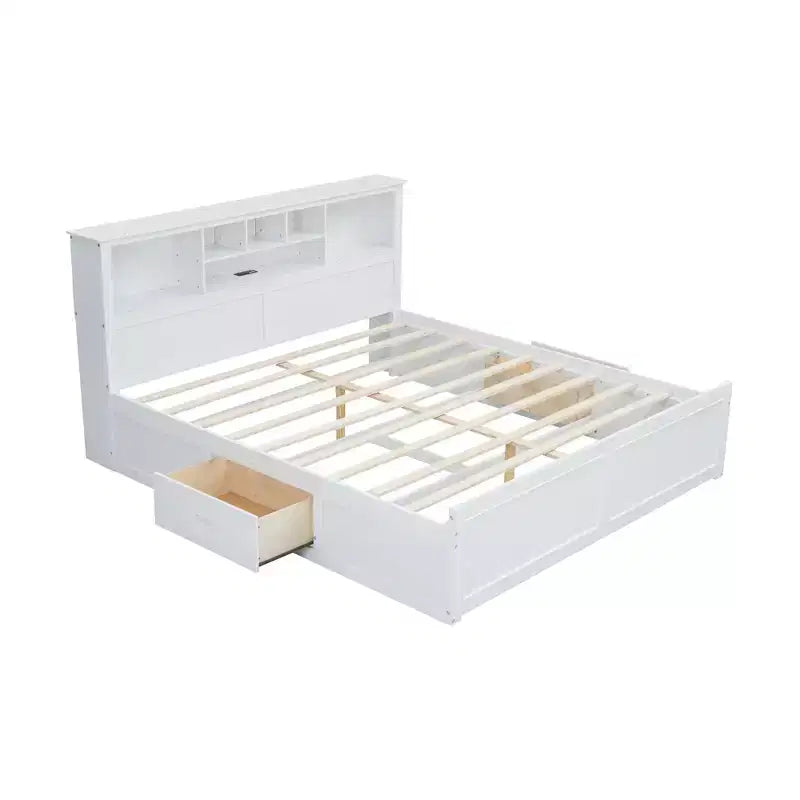 Lit plateforme en bois King Size Whisen avec tête de lit multi-rangements, port USB et tiroirs