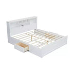 Lit plateforme en bois King Size Whisen avec tête de lit multi-rangements, port USB et tiroirs