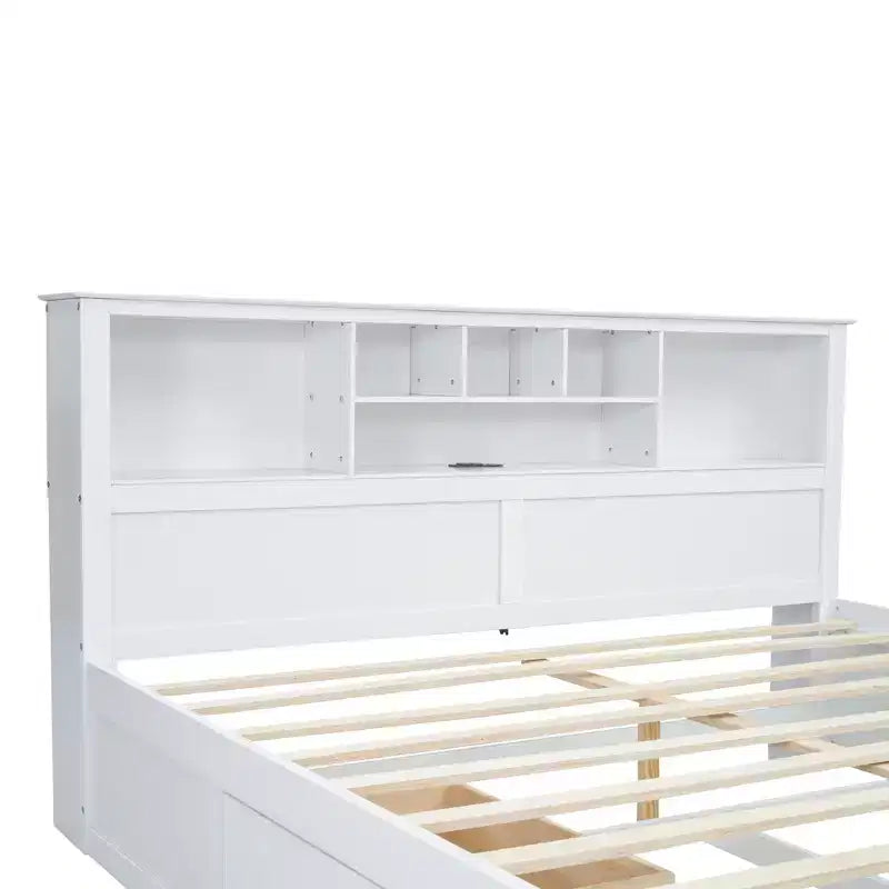 Lit plateforme en bois King Size Whisen avec tête de lit multi-rangements, port USB et tiroirs