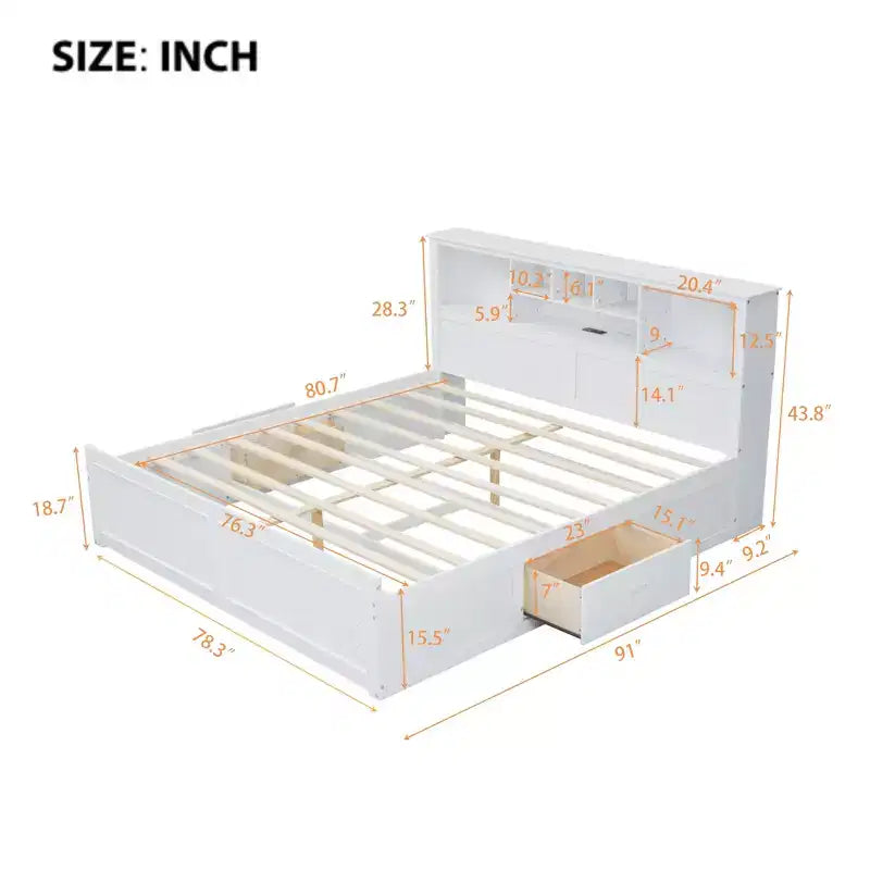 Lit plateforme en bois King Size Whisen avec tête de lit multi-rangements, port USB et tiroirs