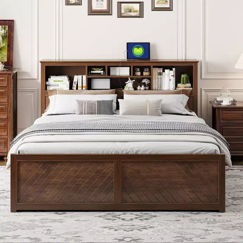 Lit plateforme en bois King Size Whisen avec tête de lit multi-rangements, port USB et tiroirs