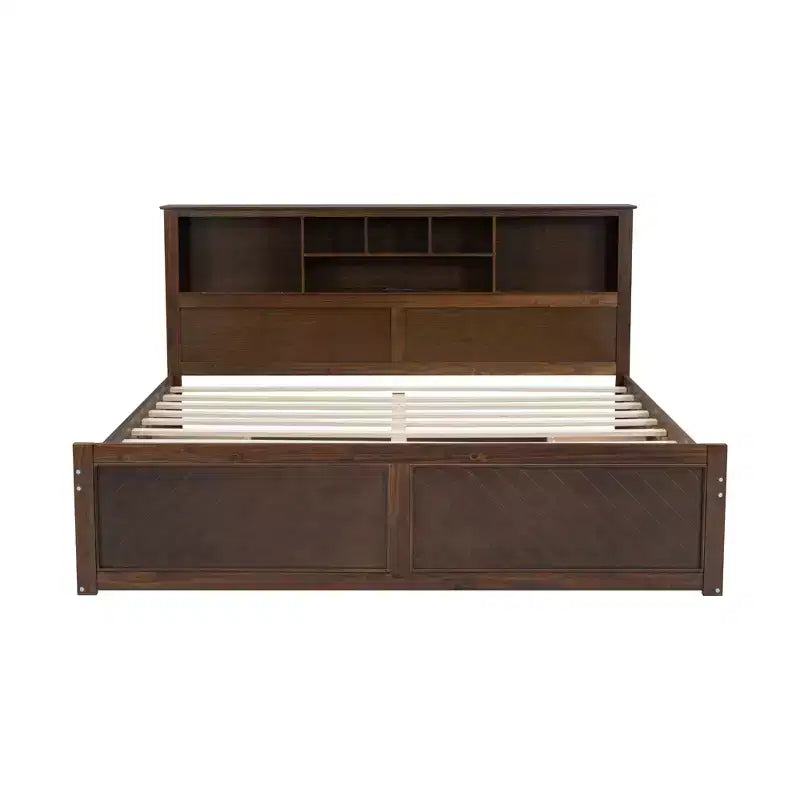 Lit plateforme en bois King Size Whisen avec tête de lit multi-rangements, port USB et tiroirs