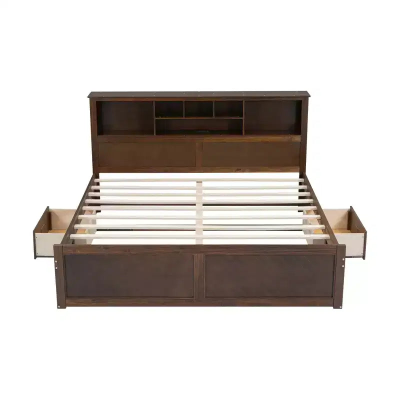 Lit plateforme en bois King Size Whisen avec tête de lit multi-rangements, port USB et tiroirs
