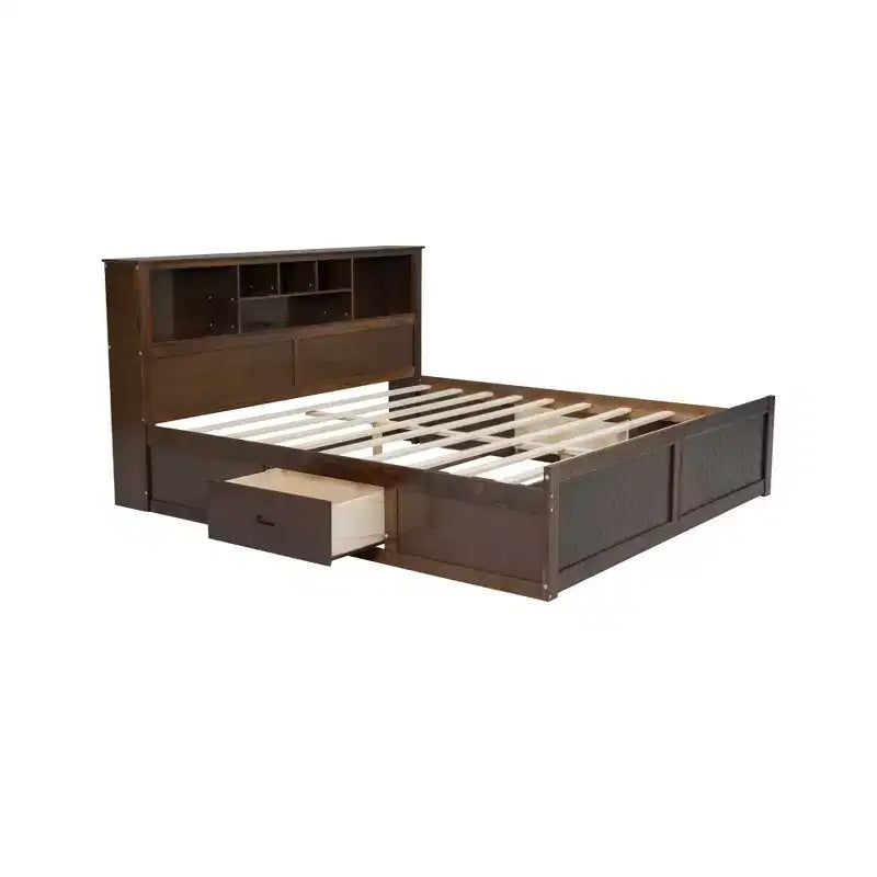 Lit plateforme en bois King Size Whisen avec tête de lit multi-rangements, port USB et tiroirs
