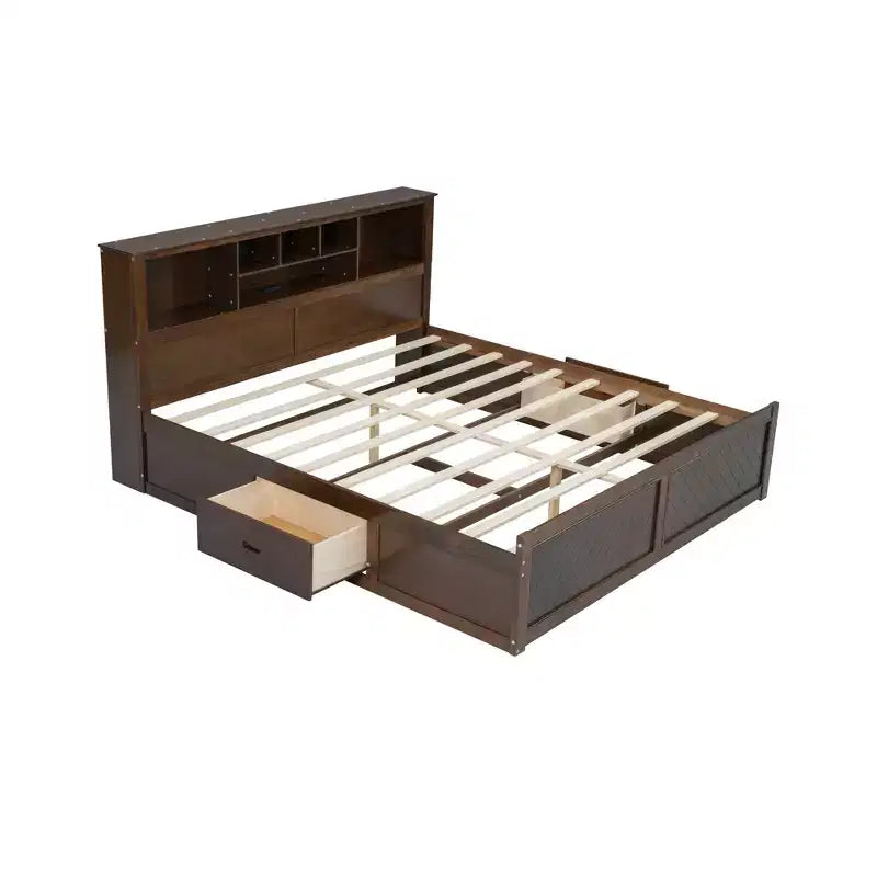 Lit plateforme en bois King Size Whisen avec tête de lit multi-rangements, port USB et tiroirs