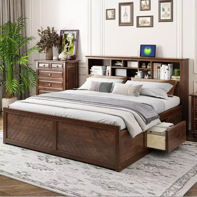 Whisen King Size Wood Platform Bed with Multi-storage Headboard, USB and Drawers